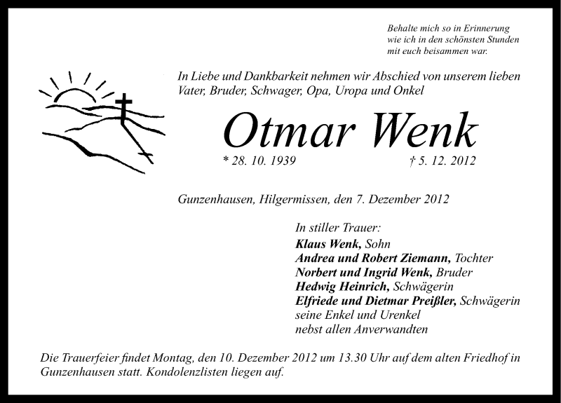  Traueranzeige für Otmar Wenk vom 07.12.2012 aus Altmühl-Bote Lokal