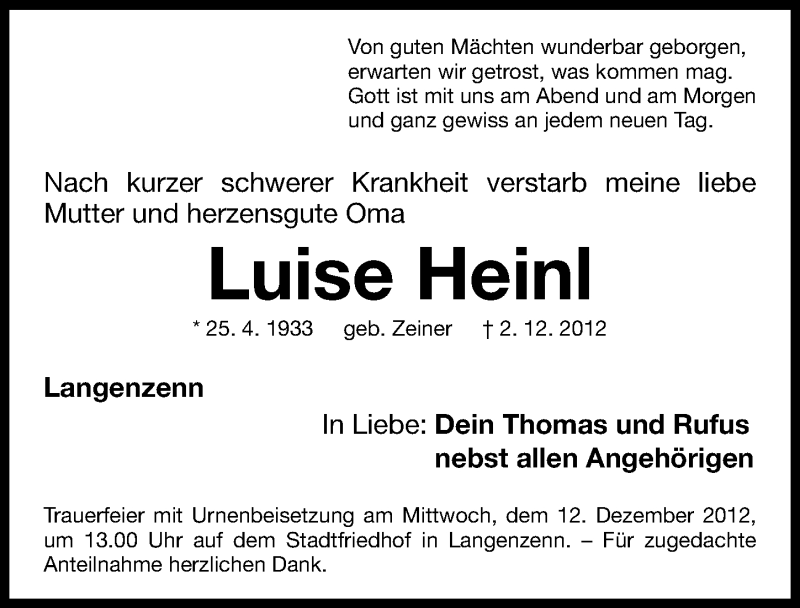  Traueranzeige für Luise Heinl vom 08.12.2012 aus Fürther Nachrichten Lokal