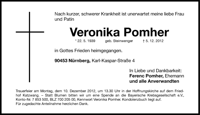  Traueranzeige für Veronika Pomher vom 08.12.2012 aus Gesamtausgabe Nürnberger Nachrichten/ Nürnberger Ztg.