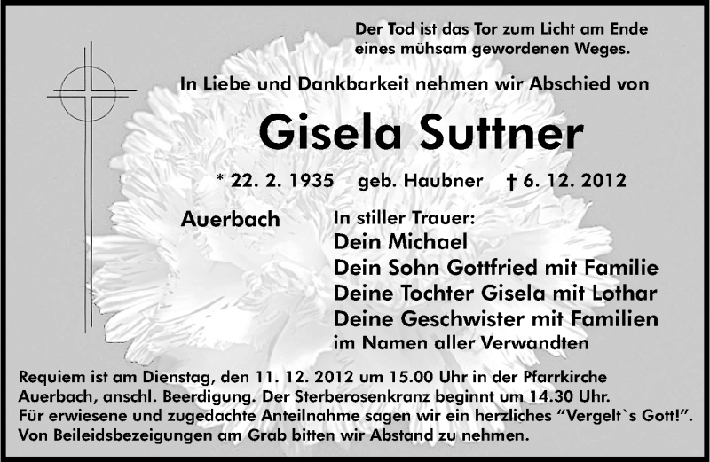  Traueranzeige für Gisela Suttner vom 08.12.2012 aus Nordbayerische Nachrichten Pegnitz Lokal