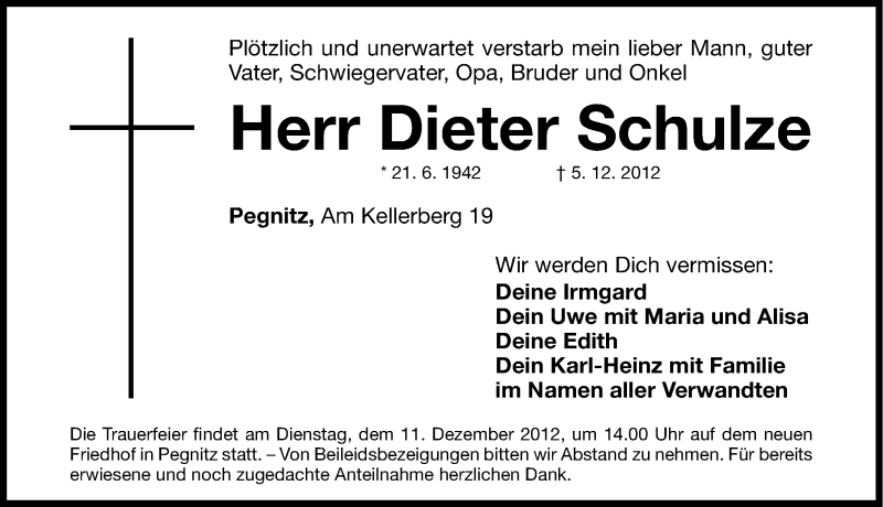  Traueranzeige für Dieter Schulze vom 08.12.2012 aus Nordbayerische Nachrichten Pegnitz Lokal