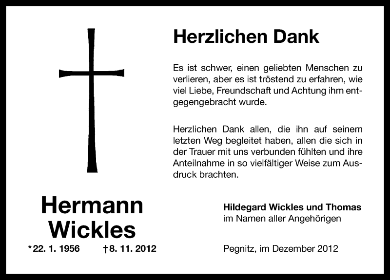  Traueranzeige für Hermann Wickles vom 08.12.2012 aus Nordbayerische Nachrichten Pegnitz Lokal