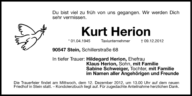  Traueranzeige für Kurt Herion vom 11.12.2012 aus Gesamtausgabe Nürnberger Nachrichten/ Nürnberger Ztg.