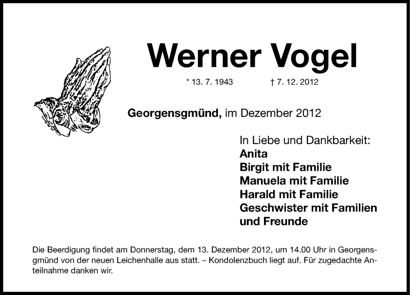  Traueranzeige für Werner Vogel vom 11.12.2012 aus Roth-Hilpoltsteiner Volkszeitung Lokal