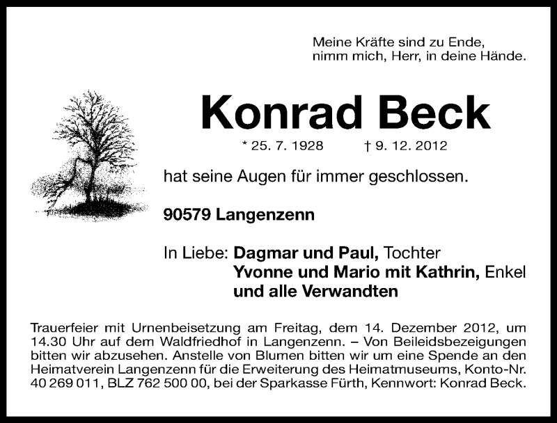  Traueranzeige für Konrad Beck vom 12.12.2012 aus Fürther Nachrichten Lokal