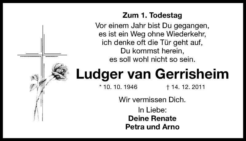  Traueranzeige für Ludger van Gerrisheim vom 14.12.2012 aus Fürther Nachrichten Lokal