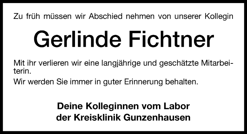  Traueranzeige für Gerlinde Fichtner vom 13.12.2012 aus Altmühl-Bote Lokal