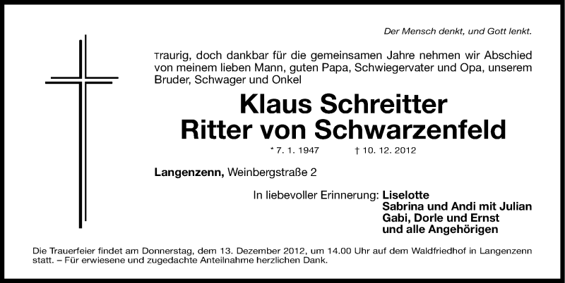  Traueranzeige für Klaus Schreitter vom 12.12.2012 aus Fürther Nachrichten Lokal