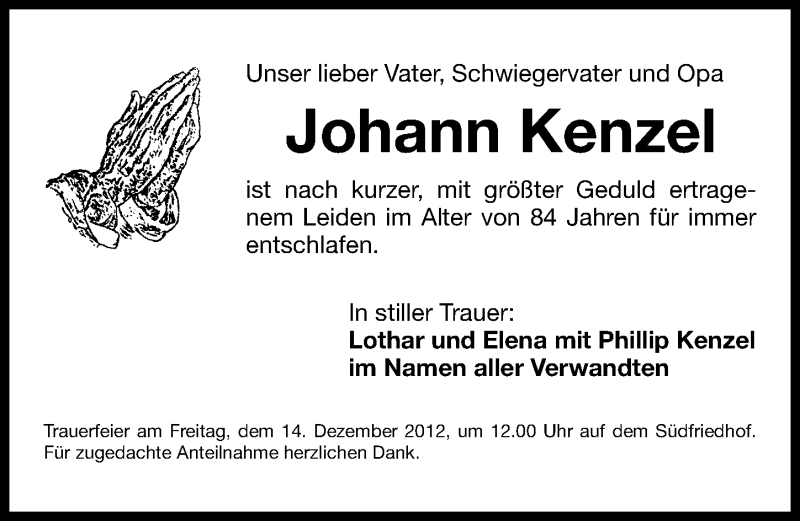  Traueranzeige für Johann Kenzel vom 12.12.2012 aus Gesamtausgabe Nürnberger Nachrichten/ Nürnberger Ztg.