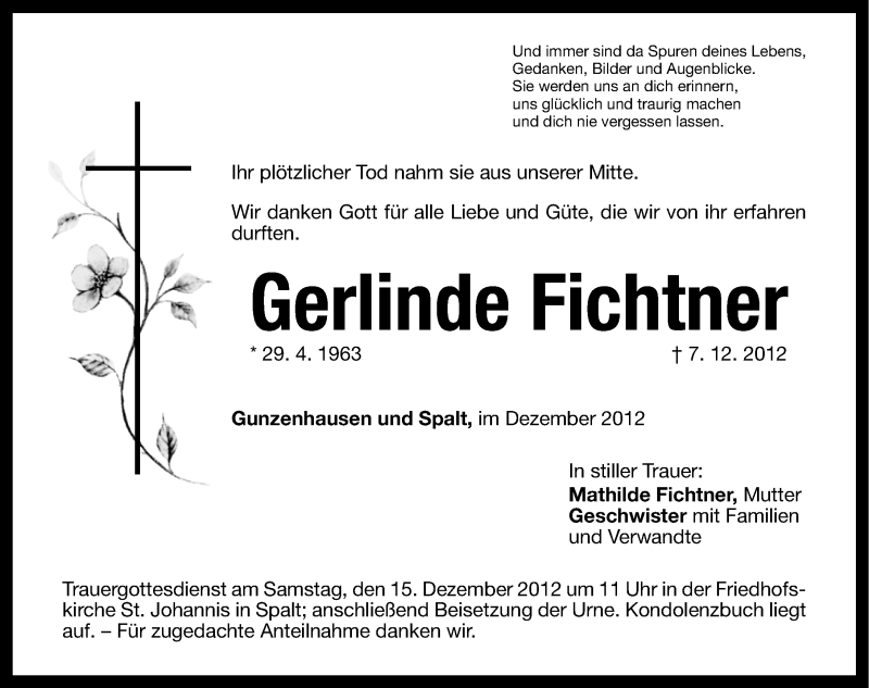  Traueranzeige für Gerlinde Fichtner vom 13.12.2012 aus Altmühl-Bote Lokal