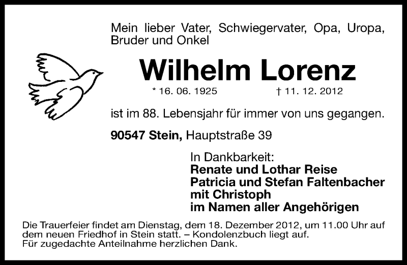  Traueranzeige für Wilhelm Lorenz vom 15.12.2012 aus Gesamtausgabe Nürnberger Nachrichten/ Nürnberger Ztg.
