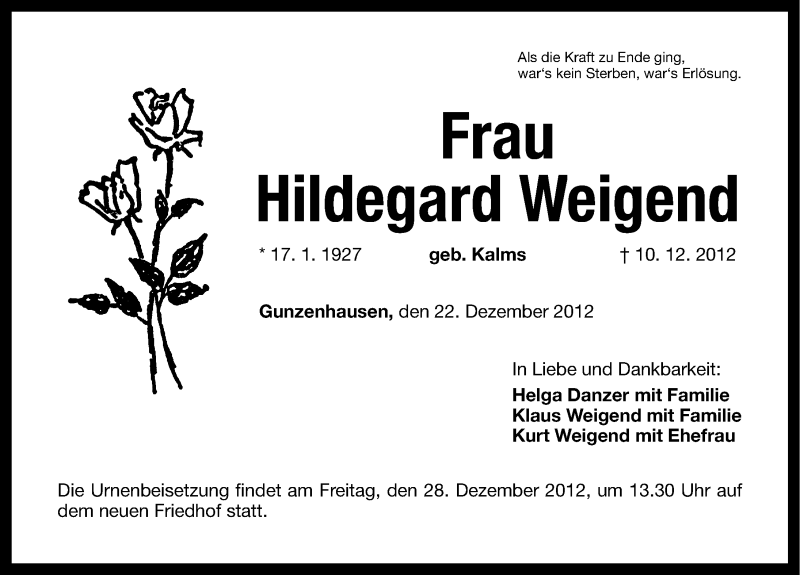  Traueranzeige für Hildegard Weigend vom 22.12.2012 aus Altmühl-Bote Lokal