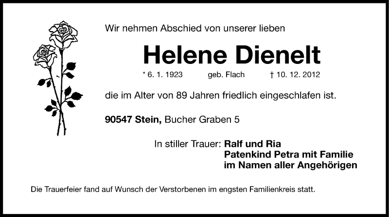  Traueranzeige für Helene Dienelt vom 19.12.2012 aus Gesamtausgabe Nürnberger Nachrichten/ Nürnberger Ztg.