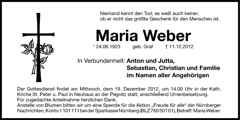  Traueranzeige für Maria Weber vom 15.12.2012 aus Gesamtausgabe Nürnberger Nachrichten/ Nürnberger Ztg.