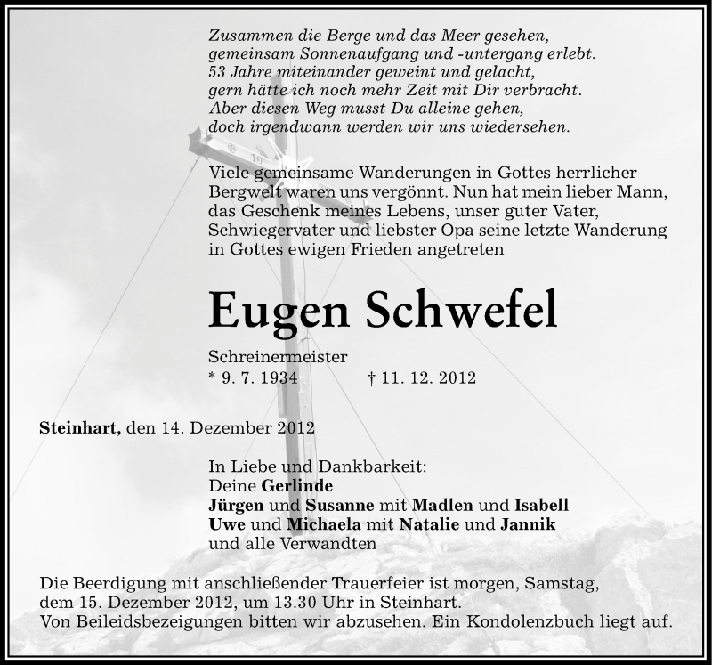  Traueranzeige für Eugen Schwefel vom 14.12.2012 aus Altmühl-Bote Lokal