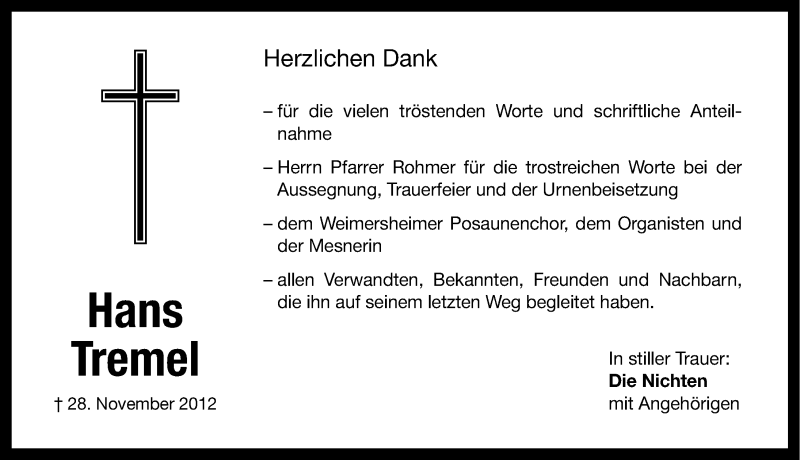  Traueranzeige für Hans Tremel vom 14.12.2012 aus Altmühl-Bote Lokal