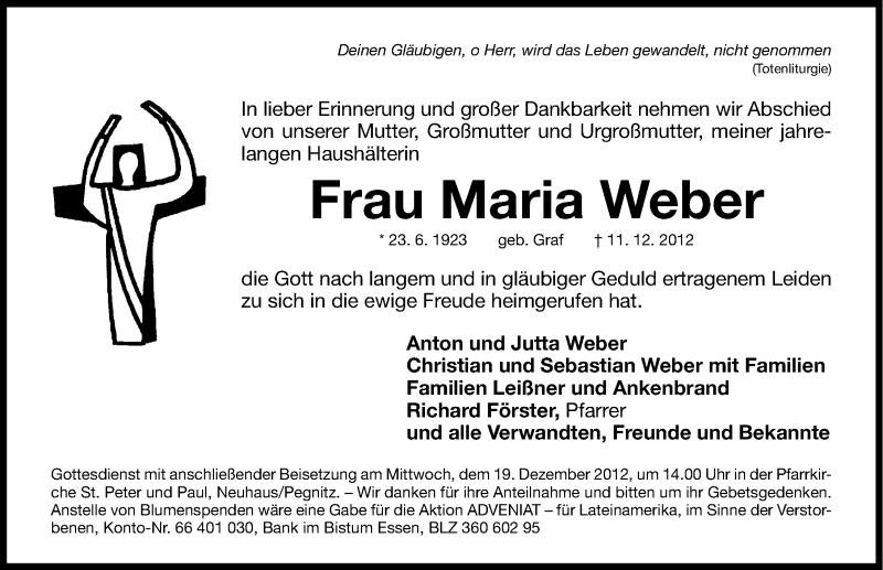  Traueranzeige für Maria Weber vom 15.12.2012 aus Gesamtausgabe Nürnberger Nachrichten/ Nürnberger Ztg.