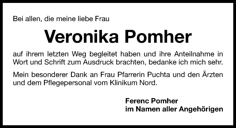  Traueranzeige für Veronika Pomher vom 15.12.2012 aus Gesamtausgabe Nürnberger Nachrichten/ Nürnberger Ztg.