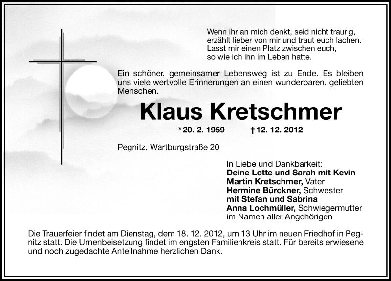  Traueranzeige für Klaus Kretschmer vom 15.12.2012 aus Nordbayerische Nachrichten Pegnitz Lokal