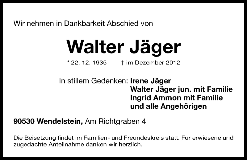  Traueranzeige für Walter Jäger vom 18.12.2012 aus Gesamtausgabe Nürnberger Nachrichten/ Nürnberger Ztg.