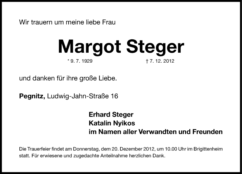  Traueranzeige für Margot Steger vom 17.12.2012 aus Nordbayerische Nachrichten Pegnitz Lokal