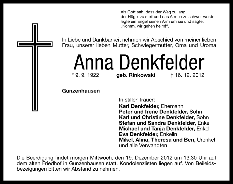  Traueranzeige für Anna Denkfelder vom 18.12.2012 aus Altmühl-Bote Lokal