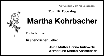 Traueranzeige von Martha Kohrbacher von Gesamtausgabe Nürnberger Nachrichten/ Nürnberger Ztg.