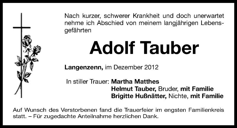  Traueranzeige für Adolf Tauber vom 21.12.2012 aus Fürther Nachrichten Lokal