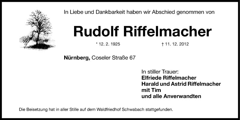Traueranzeigen Riffelmacher Rudolf von