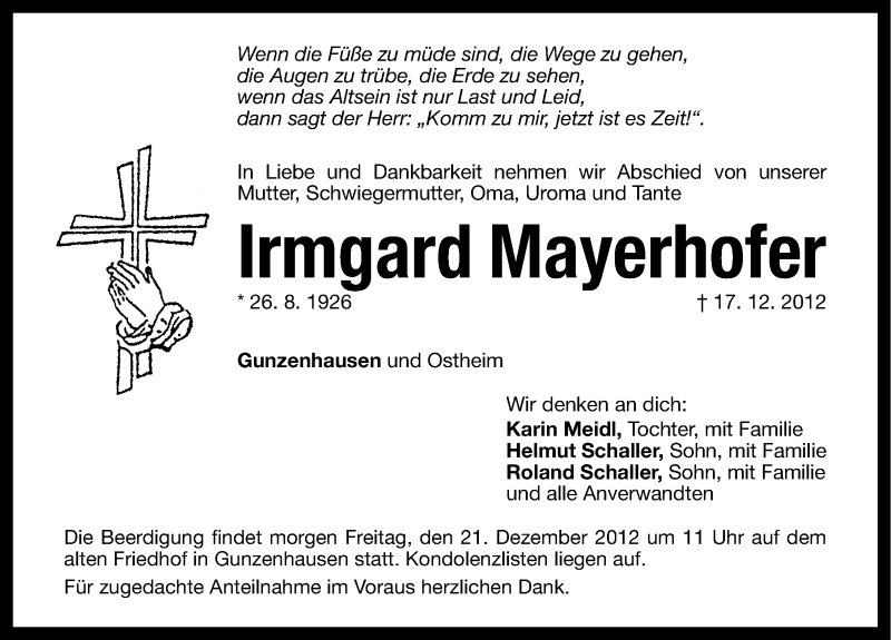  Traueranzeige für Irmgard Mayerhofer vom 20.12.2012 aus Altmühl-Bote Lokal