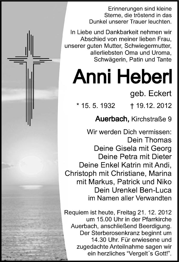  Traueranzeige für Anni Heberl vom 21.12.2012 aus Nordbayerische Nachrichten Pegnitz Lokal
