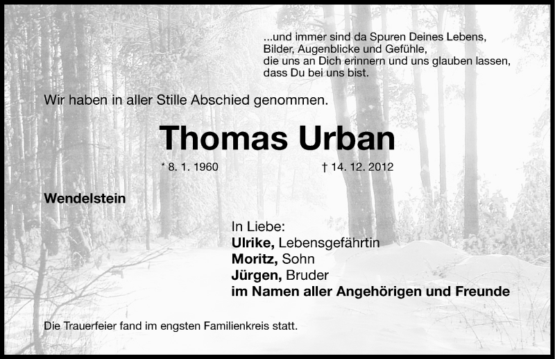  Traueranzeige für Thomas Urban vom 22.12.2012 aus Gesamtausgabe Nürnberger Nachrichten/ Nürnberger Ztg.
