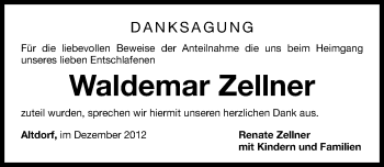 Traueranzeige von Waldemar Zellner von Gesamtausgabe Nürnberger Nachrichten/ Nürnberger Ztg.