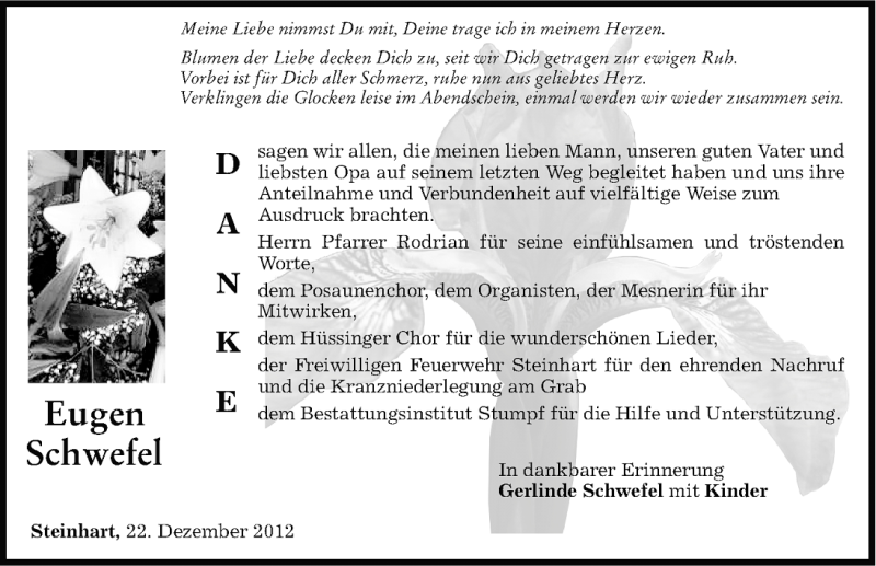  Traueranzeige für Eugen Schwefel vom 27.12.2012 aus Altmühl-Bote Lokal