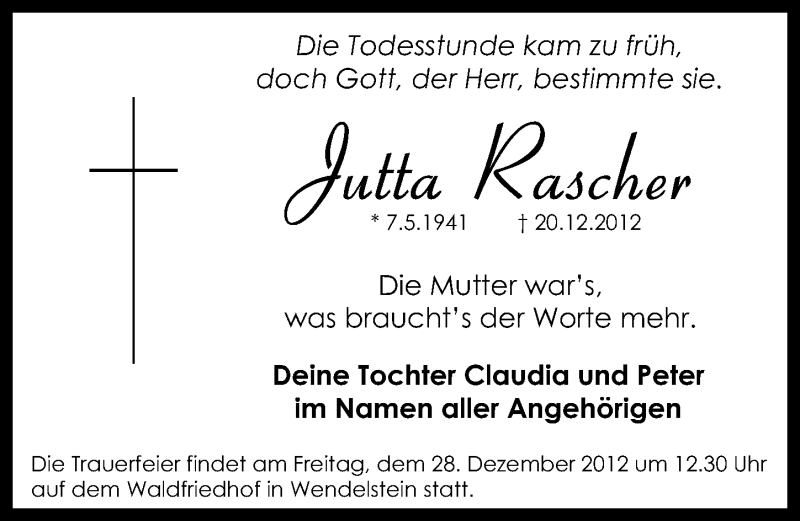  Traueranzeige für Jutta Rascher vom 22.12.2012 aus Gesamtausgabe Nürnberger Nachrichten/ Nürnberger Ztg.