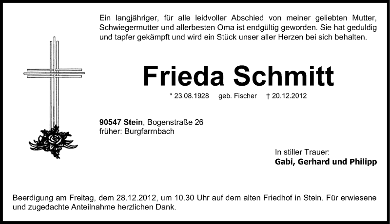  Traueranzeige für Frieda Schmitt vom 24.12.2012 aus Fürther Nachrichten Lokal