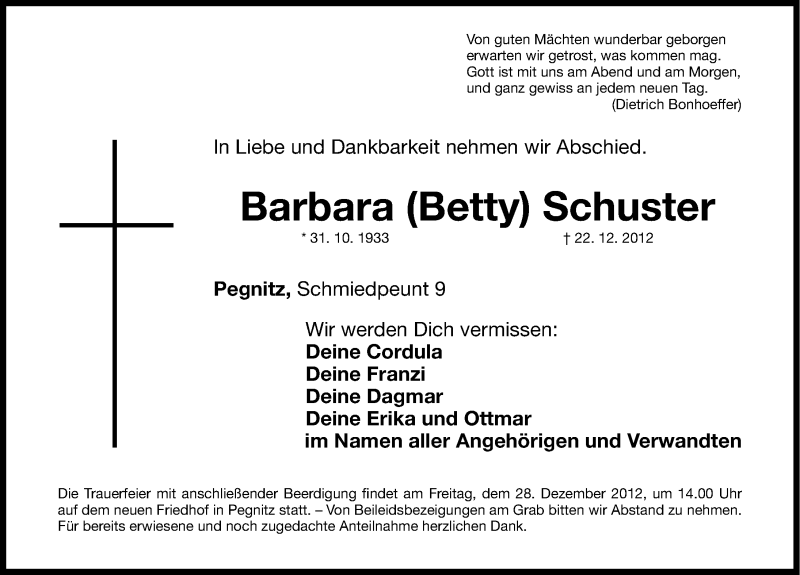  Traueranzeige für Barbara Schuster vom 24.12.2012 aus Nordbayerische Nachrichten Pegnitz Lokal