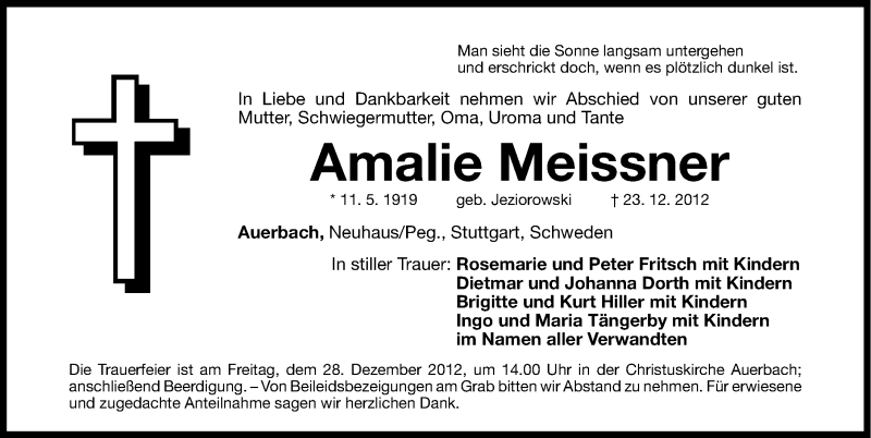  Traueranzeige für Amalie Meissner vom 27.12.2012 aus Nordbayerische Nachrichten Pegnitz Lokal
