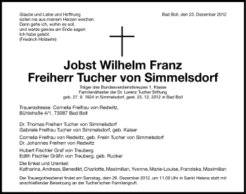 Traueranzeige von Jobst Wilhelm Franz Freiherr Tucher von Simmelsdorf von Gesamtausgabe Nürnberger Nachrichten/ Nürnberger Ztg.