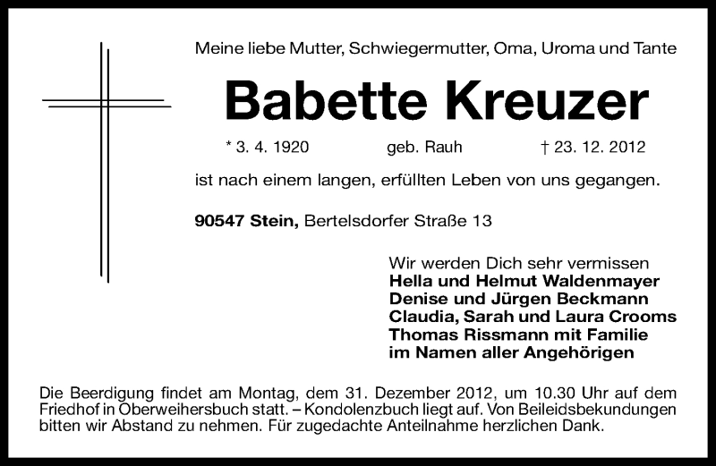  Traueranzeige für Babette Kreuzer vom 27.12.2012 aus Gesamtausgabe Nürnberger Nachrichten/ Nürnberger Ztg.