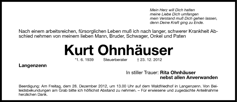  Traueranzeige für Kurt Ohnhäuser vom 27.12.2012 aus Fürther Nachrichten Lokal