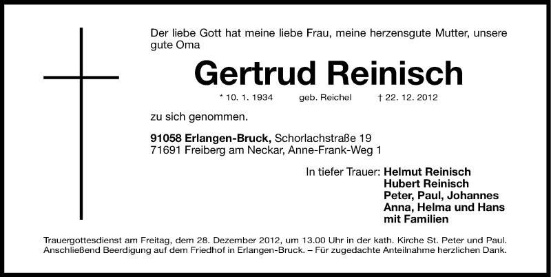  Traueranzeige für Gertrud Reinisch vom 27.12.2012 aus Erlanger Nachrichten Lokal
