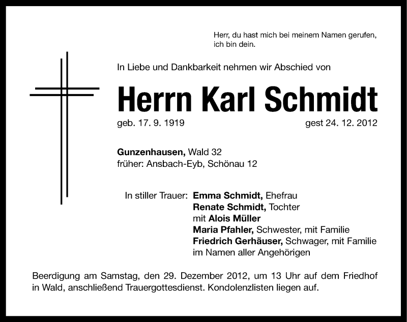  Traueranzeige für Karl Schmidt vom 27.12.2012 aus Altmühl-Bote Lokal
