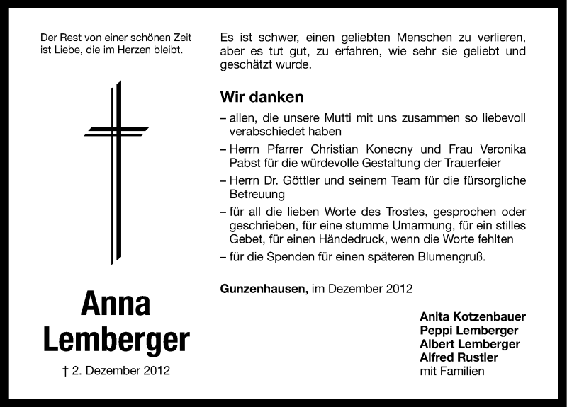  Traueranzeige für Anna Lemberger vom 29.12.2012 aus Altmühl-Bote Lokal