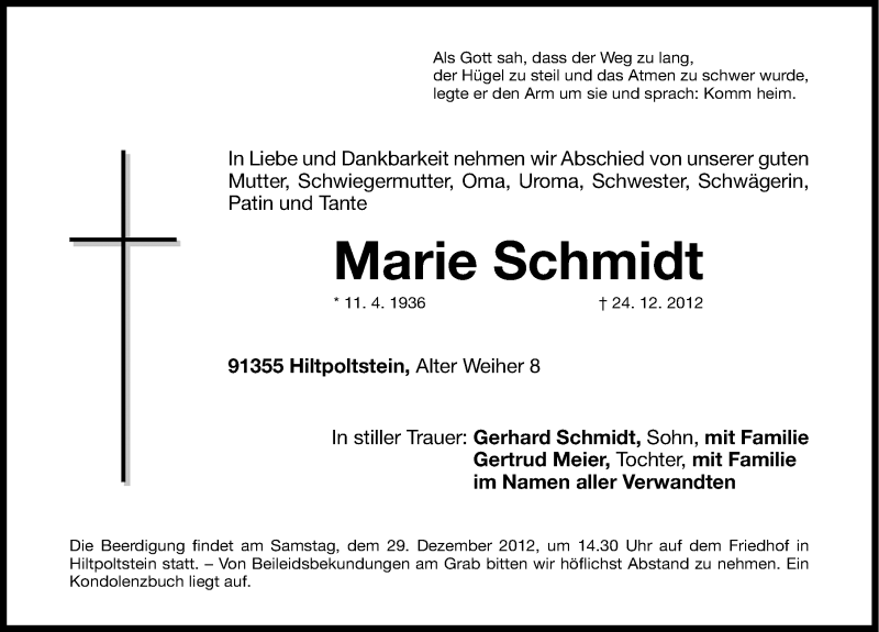 Traueranzeigen von Marie Schmidt | trauer.nn.de