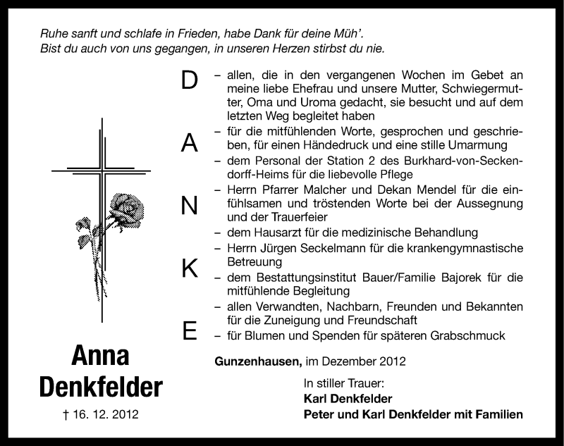  Traueranzeige für Anna Denkfelder vom 31.12.2012 aus Altmühl-Bote Lokal