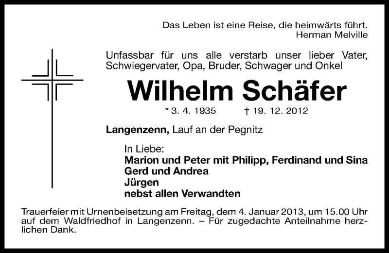  Traueranzeige für Wilhelm Schäfer vom 02.01.2013 aus Fürther Nachrichten Lokal