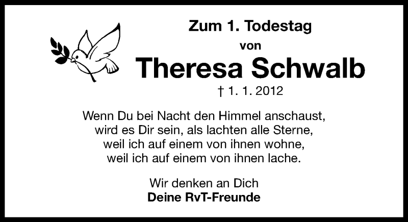  Traueranzeige für Theresa Schwalb vom 31.12.2012 aus Nordbayerische Nachrichten Forchheim Lokal