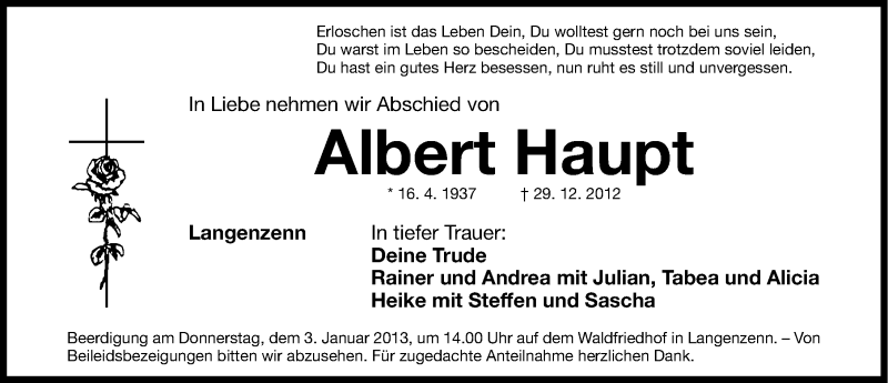  Traueranzeige für Albert Haupt vom 31.12.2012 aus Fürther Nachrichten Lokal