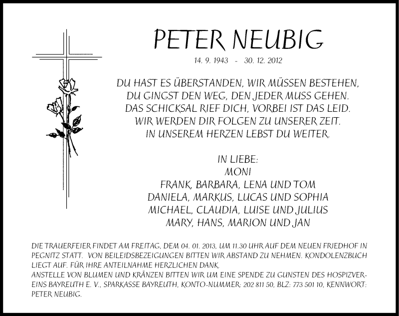  Traueranzeige für Peter Neubig vom 02.01.2013 aus Nordbayerische Nachrichten Pegnitz Lokal